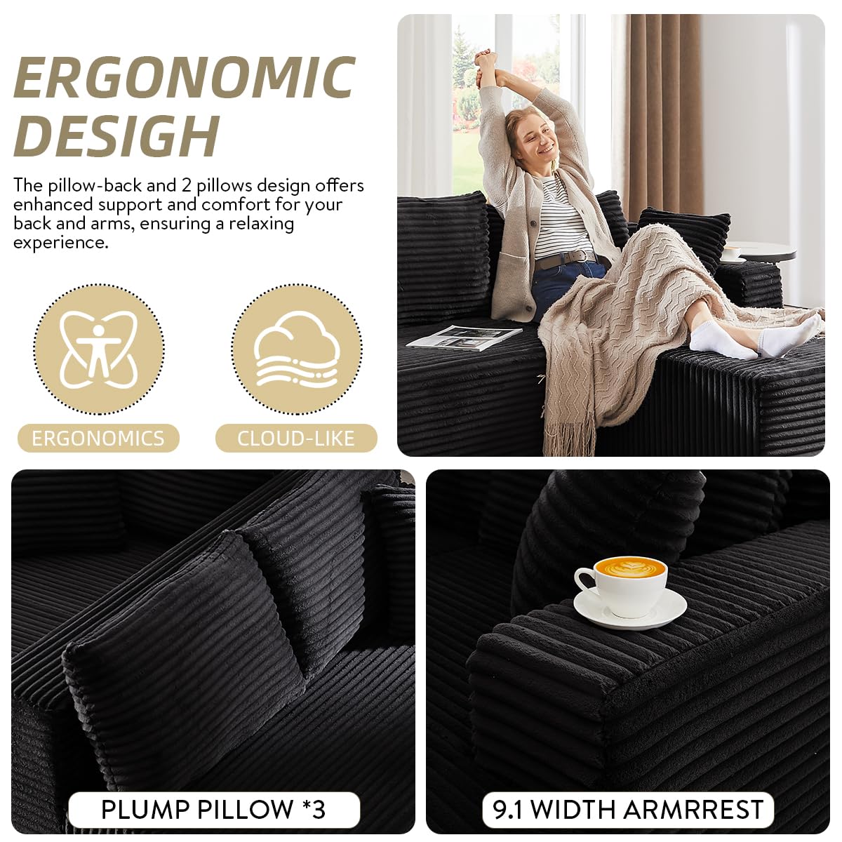 104 Inch Cloud Sectional Couch with L-Shape Chaise,Modern Upholstered Couches with Deep Seat,Corduroy Sponge Compressed Sofa for Living Room, Bedroom,No Assembly Required(Black) ZKJOLMN