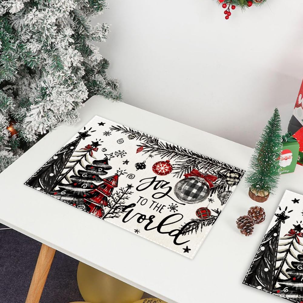 Heirloom Haven Christmas Placemats Set of 4, 12x18 Inch Christmas Tree Xmas Ball Table Mats Winter Joy to The World Seasonal Holiday Place Mat Table Decoration for Kitchen Dining Home Party Decor Heirloom Haven