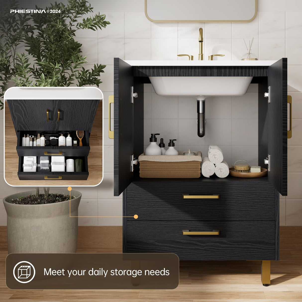 phiestina Fully Pre-Assembled Black 24 inch Bathroom Vanity, 2 Soft Close Doors and 2 Drawers Bathroom Storage Cabinet Set, with 3 Holes Single Ceramic Sink Combo, Faucet Not Included,BV02-BLACK-JH phiestina