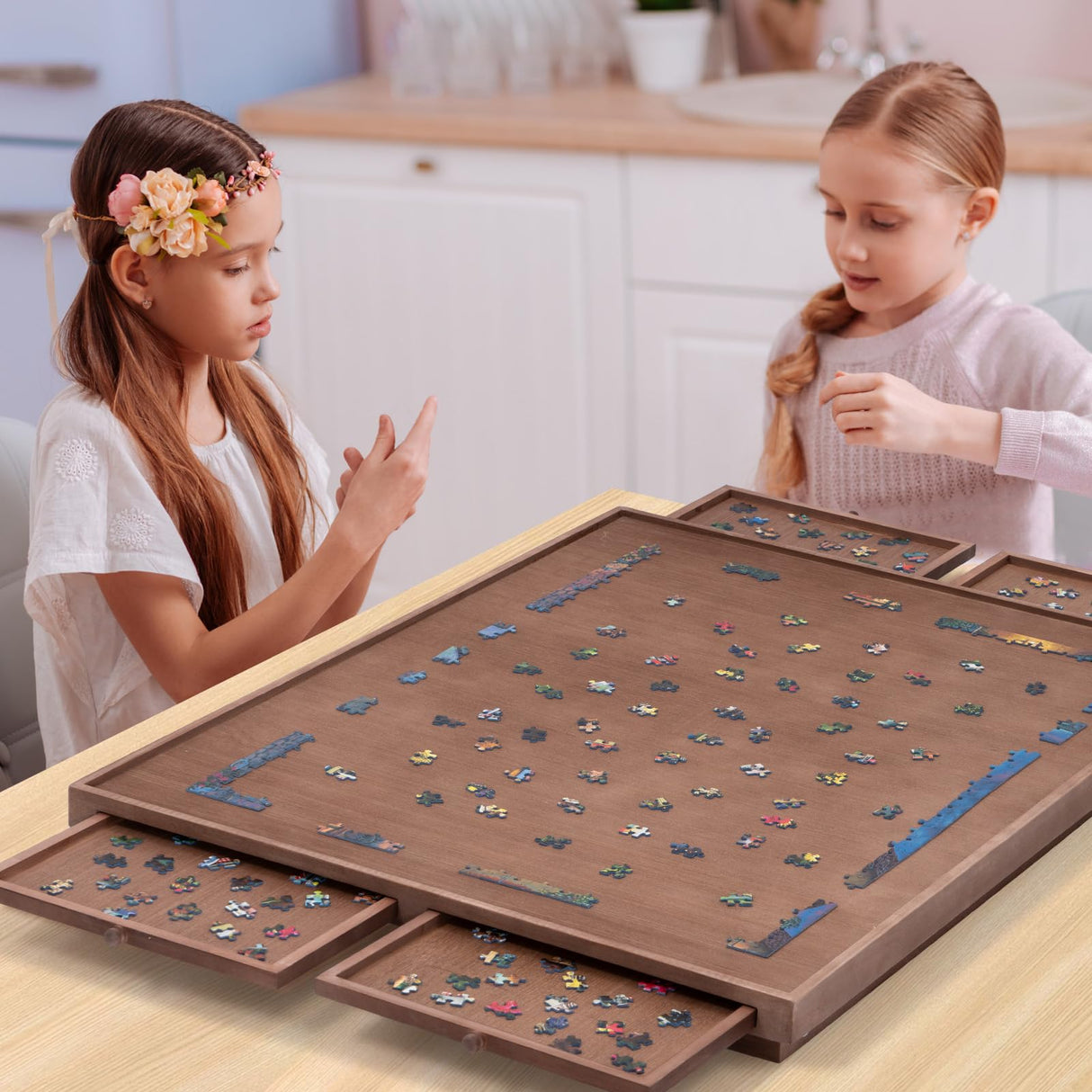TEAKMAMA 1500 Piece Wooden Jigsaw Puzzle Board with 4 Drawers, Folding Puzzle Table with Protective Cover, Puzzle Board with Legs, Multifunctional Puzzle Board for Adults, 34W x 26.3D, Chocolate Brown TEAKMAMA
