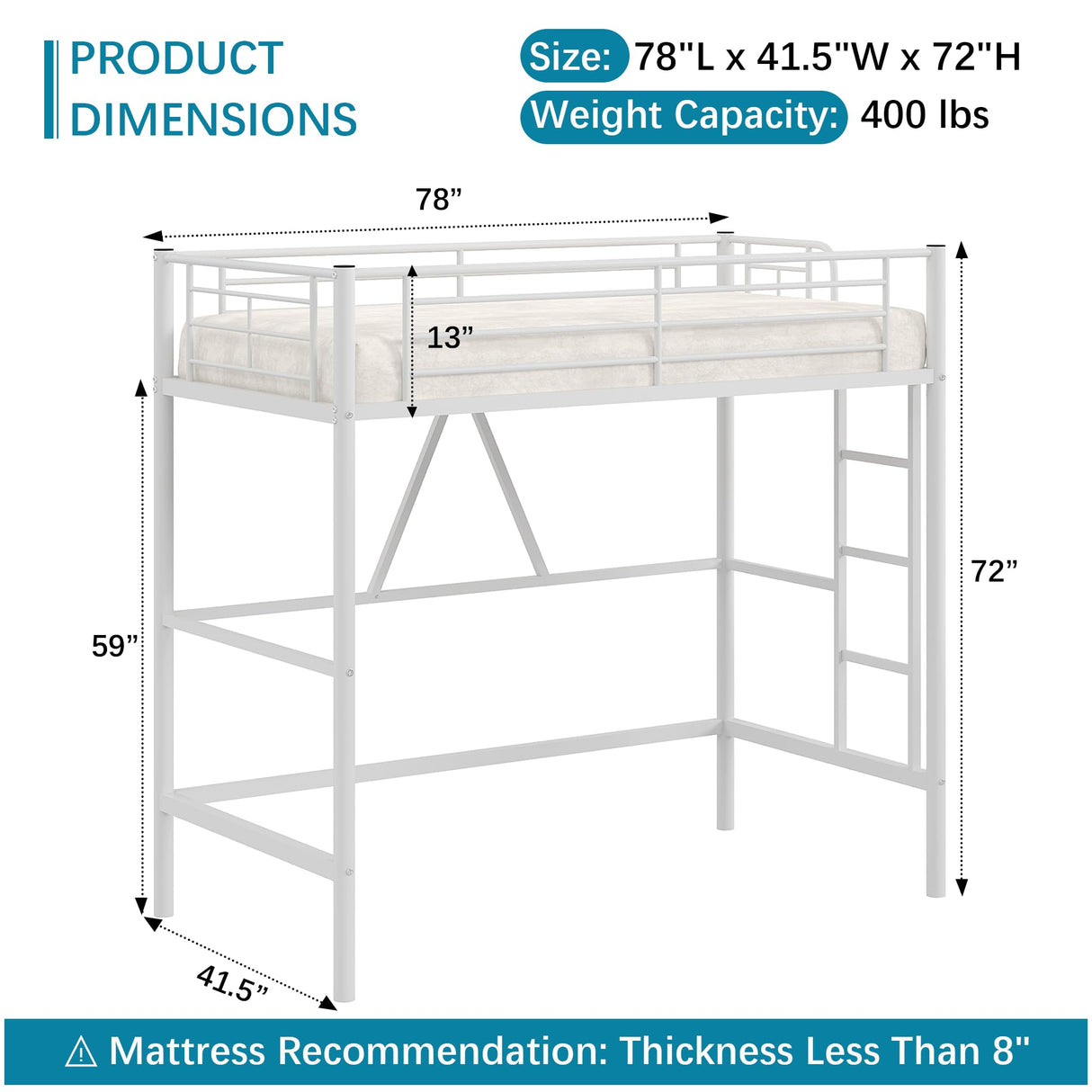 VECELO Twin Size Loft Bed with Full-Length Guardrails and Removable Ladder, Heavy-Duty Metal Frame, Space-Saving Design & Noise-Free, White VECELO