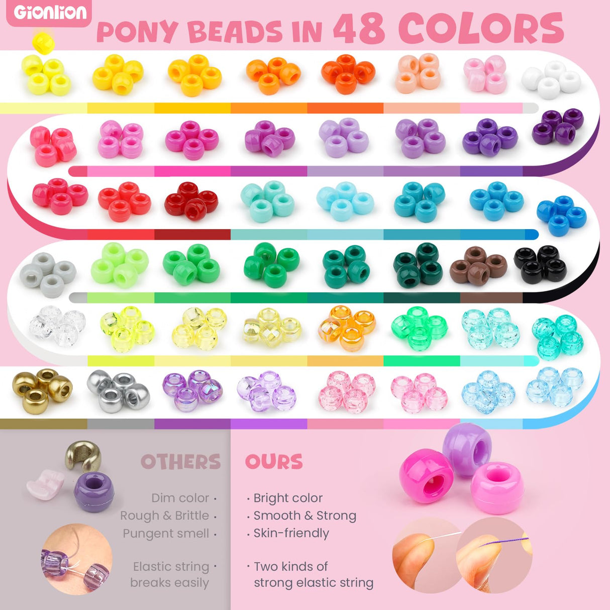 Gionlion 4200Pcs Pony Beads for Bracelet Making Kit, 48 Colors Kandi Beads Bracelet Kit, 2500pcs Rainbow Candy, 1700pcs Friendship Letter Beads with 20 Meter Elastic Strings for Jewelry Making Gionlion