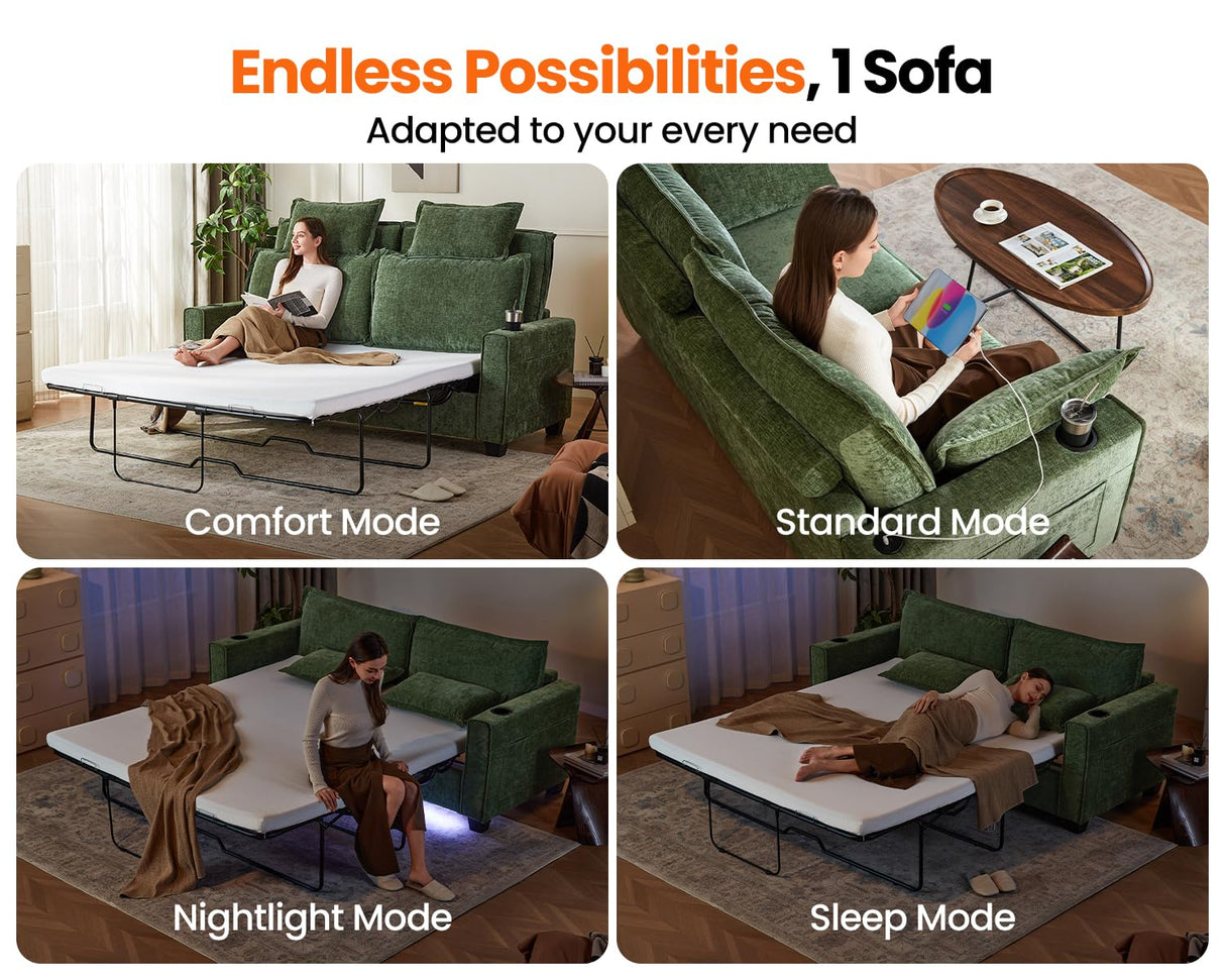 CHIC HOUSE 2-in-1 Pull-Out Sofa Bed, Convertible Chenille Sofa with 20W Fast Charging, LED Light, Foam Couch Layered Cushion Trim, Full/Queen RV Sleeper Sofa, Living Room, Apartment Small Space CHIC HOUSE