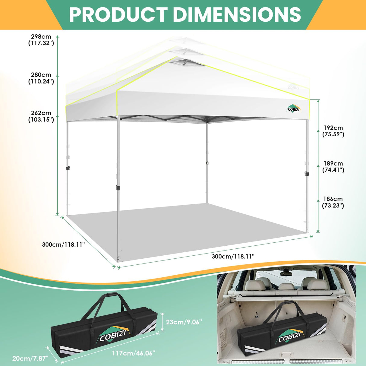 COBIZI 10x10 Pop Up Canopy Tent, One Push Setup Glow Outdoor Tent with 4 Sidewalls, 3 Adjustable Height, Air Vent,Waterproof UPF50+, Bag, Sandbag, Stake, Rope for Wedding, Commercial, Party, White COBIZI
