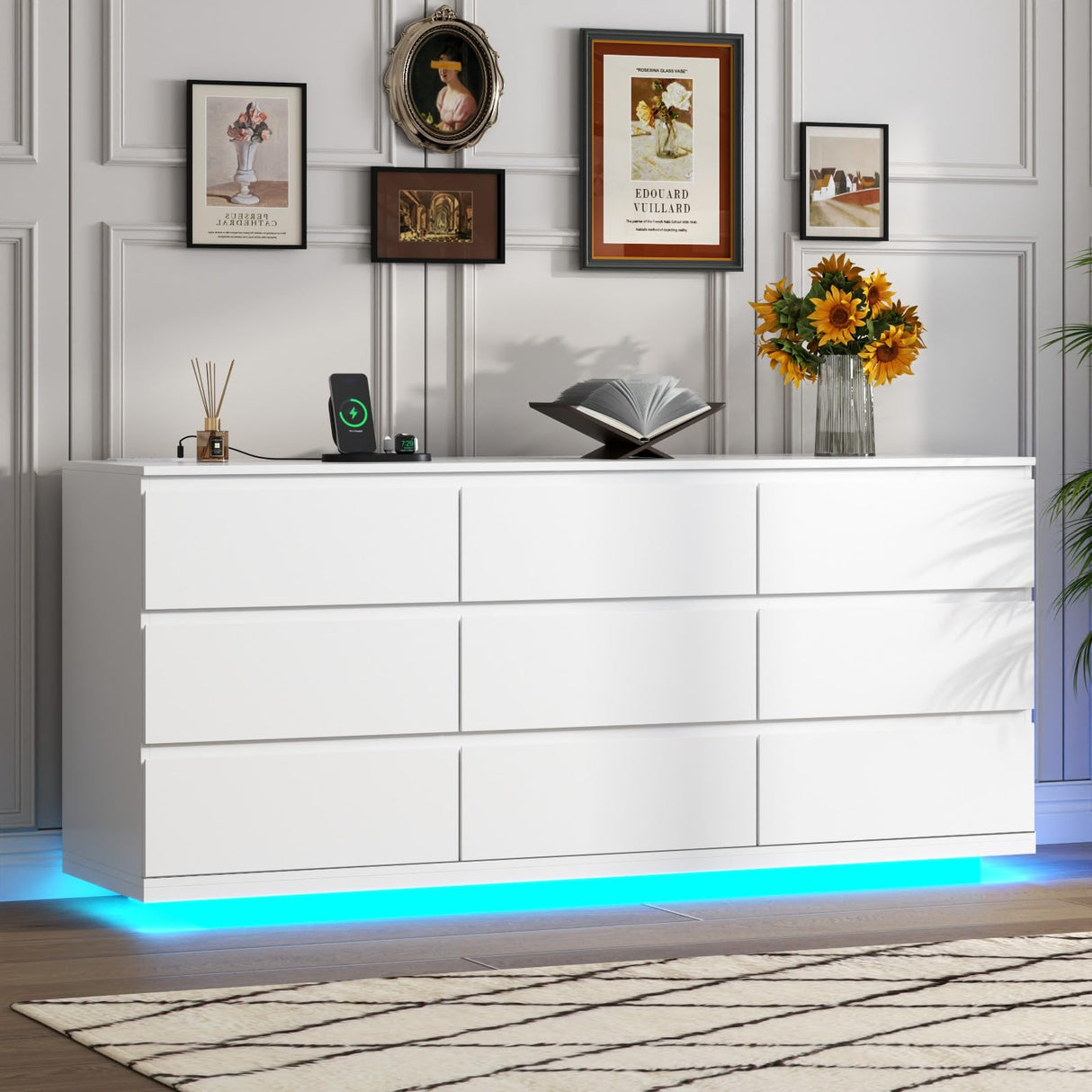 Gyfimoie 9 Drawer Dresser with Power Outlet, Floating White Dresser Chest of Drawer with LED Light,Modern Double Wide Drawer Organizer Cabinet for Bedroom,Living Room (9 Drawer-White) Gyfimoie