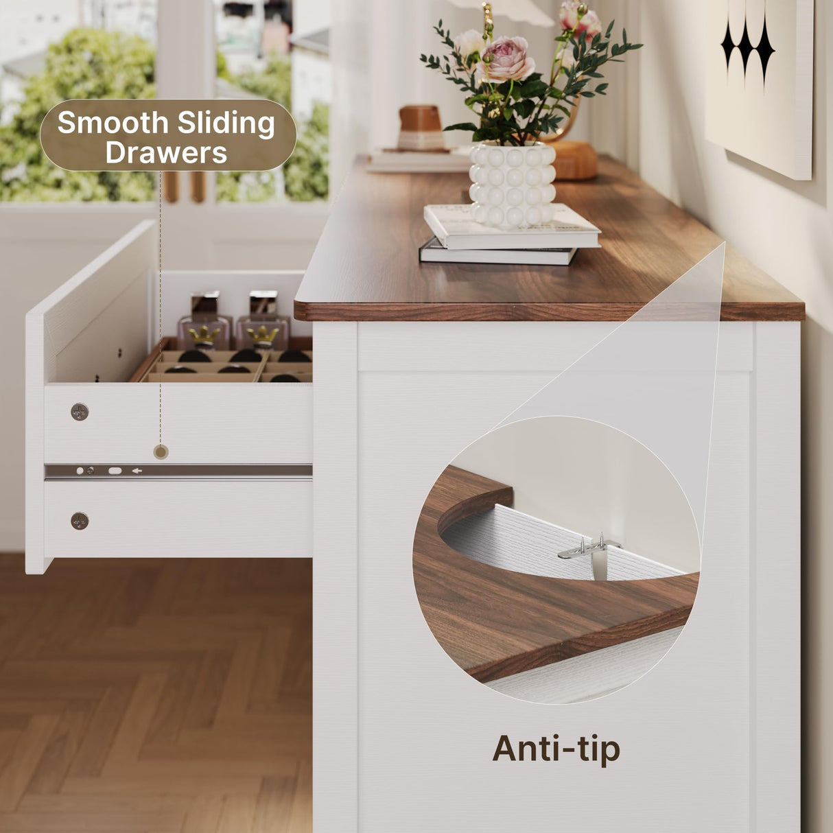 Gizoon 47.2" W Dresser for Bedroom, 6 Chest of Drawers, Modern Drawer Dresser, Wood TV Stand for Living Room, with Smooth Rail, Metal Handles, Anti-tip, Hallway, Retro Gizoon