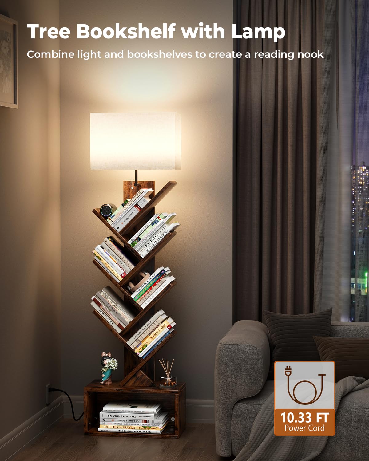 Evermagin 6 Tier Tree Bookshelf with Smart Light, Small Bookcase Tower with Remote Control, Tall Floor Standing Book Organizer for Living Room, Bedroom & Home Office, Rustic Brown Evermagin