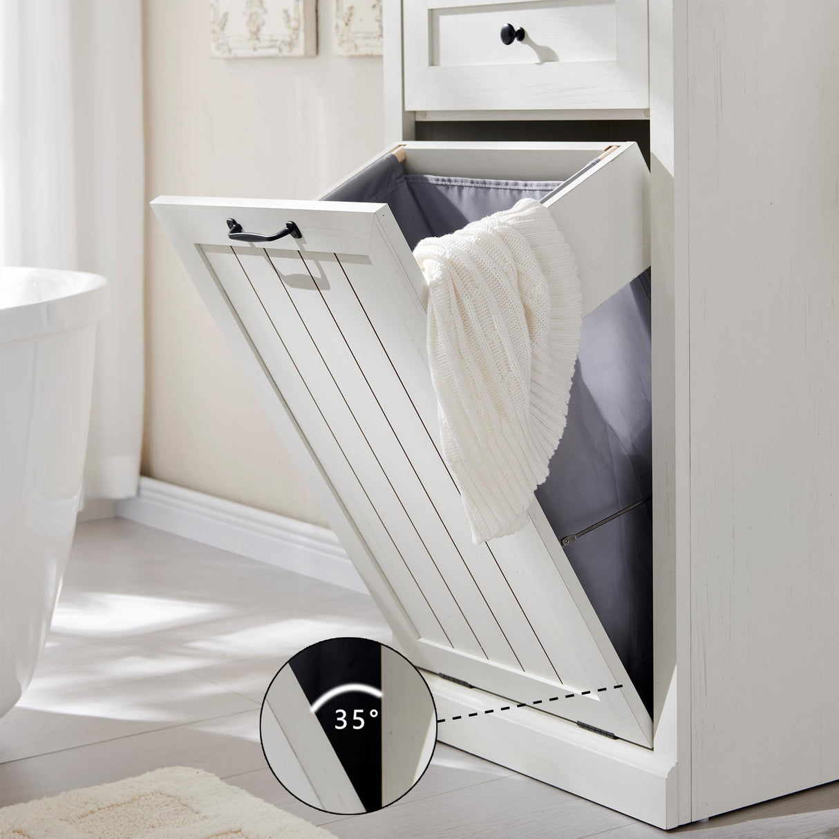 IFGET Tilt Out Trash Can Cabinet, Hidden Wooden Trash Can Cabinet, Farmhouse Laundry Hamper Cabinet, Trash Garbage Can Bin Cabinet with Storage Basket for Kitchen, Living Room (Antique White) IFGET