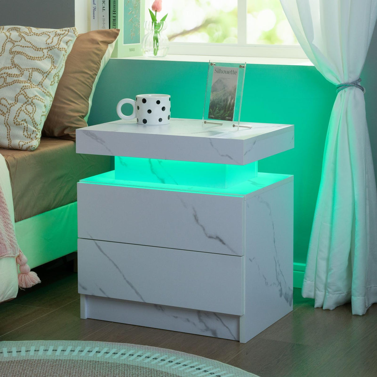 i-aplus Night Stand set 2 LED Nightstand with 2 Drawers Bedside Table with LED Lights Side Tables for Bedroom Living Room i-aplus