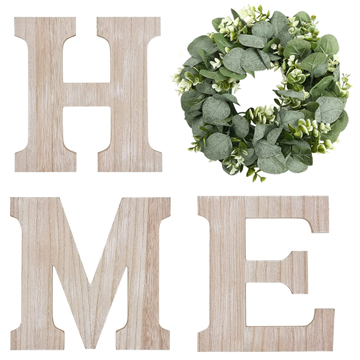 Wooden Home Sign Wall Hanging Decor Wood Home Letters for Wall Art with Artificial Eucalyptus Wreath Rustic Home Decor Farmhouse, Wall Decor for Living Room Entryway Housewarming Gift (Natural) Pinkpum
