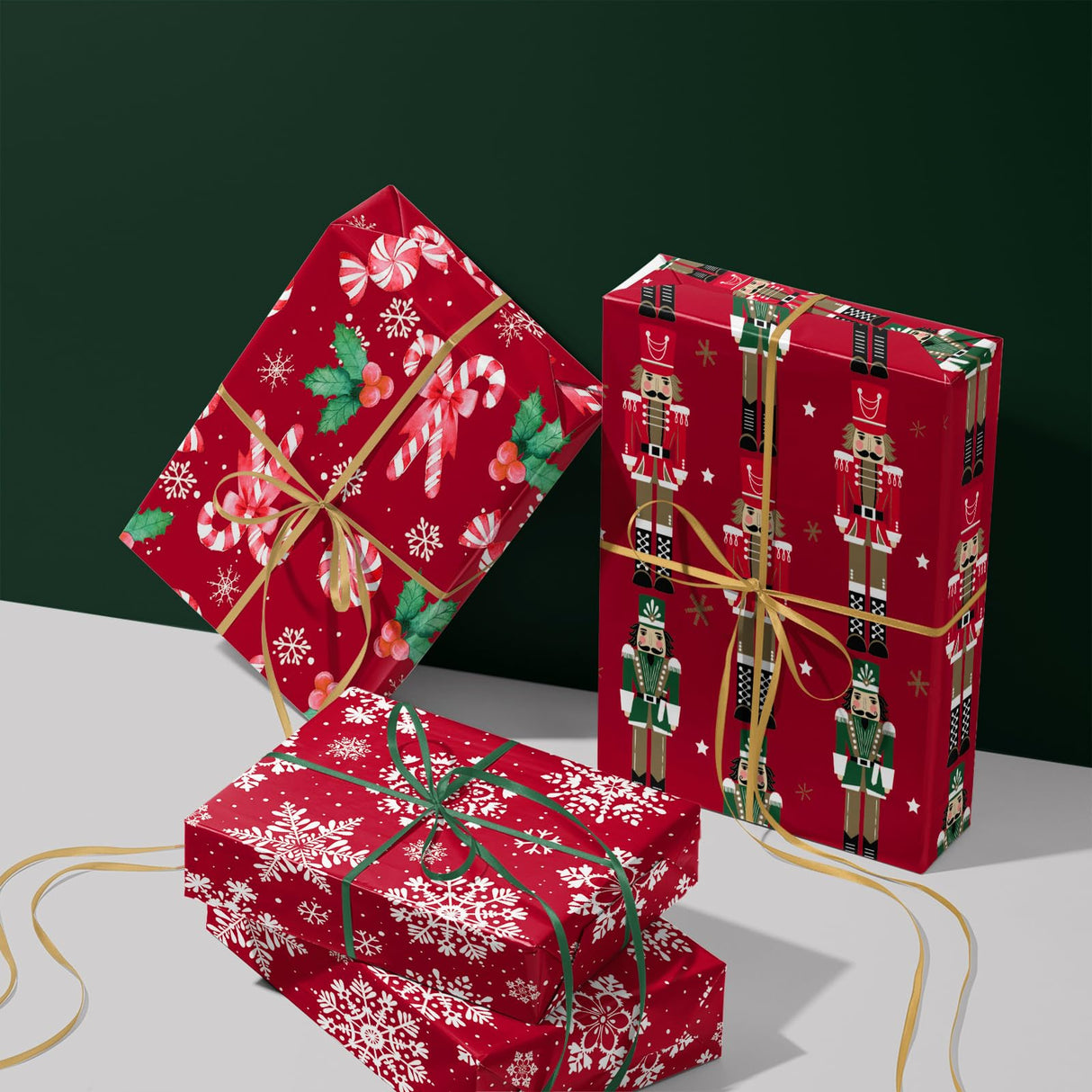 WRAPAHOLIC Christmas Wrapping Paper Roll - Mini Roll - 3 Rolls - 17 Inch x 120 Inch Per Roll - Red Nutcracker, Snowflake, Candy cane and Holly Holiday Collection WRAPAHOLIC