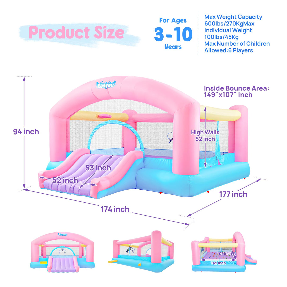 Easyair Large Bounce House Holds 6 Kids, 14.8 x 14.5 FT Inflatable Bouncer Jumper Slide with 650W Blower, Basketball Hoop, Throw Ball Game, Ball Pits (Pink, 177" L x 174" W x 94" H) EASYAIR