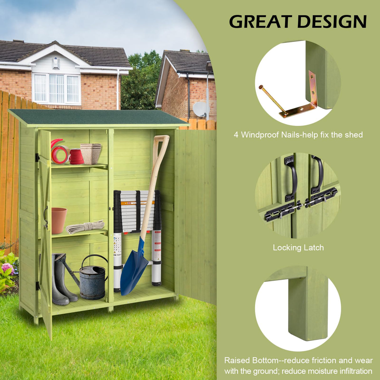 VINGLI Upgraded Outdoor Wooden Storage Shed, Extra Large Garden Shed Outside Tool Cabinet with 2 Safety Latches, Patio Storage Organizer for Garden Yard Lawn Equipment, Light Green VINGLI