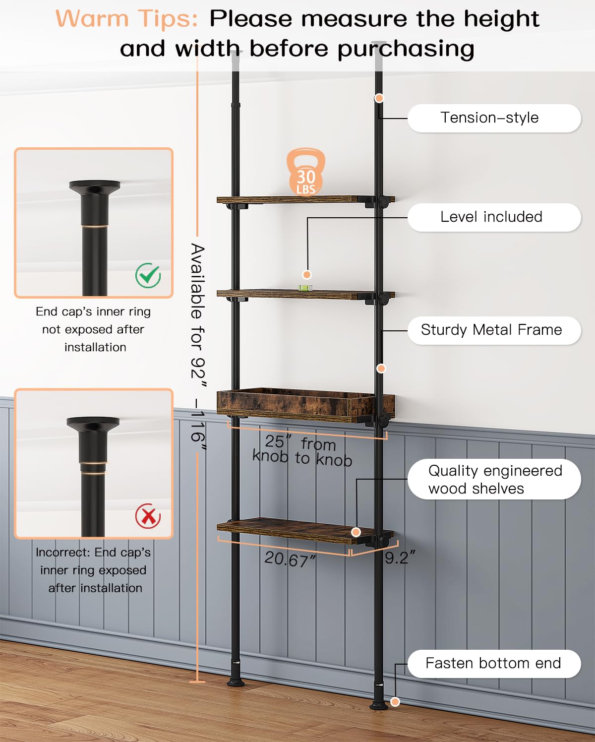 ALLZONE Adjustable 4-Tier Over The Toilet Storage Shelf in Rustic Brown - Versatile Bathroom Organiser with Easy Assembly ALLZONE