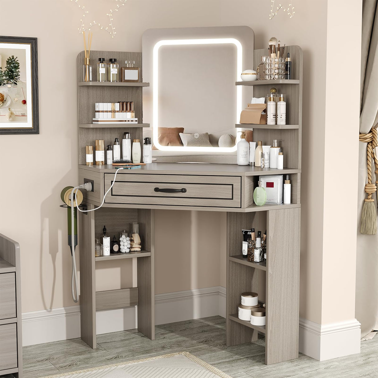 Makeup Vanity Desk, Corner Vanity with Large LED Mirror,Lots Open Shelves,Gray Vanity with Charging Station,Farmhouse Makeup Vanity Table with 3 Lighting Modes, Brightness Adjustable Maupvit