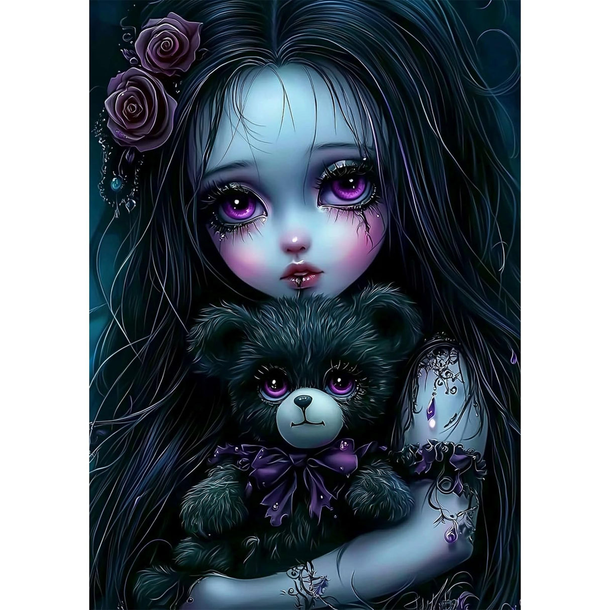 SENQAO Gothic Diamond Painting Kits for Adults, 5D Diamond Art Kits for Beginners, DIY Bear Horror Doll Round Full Diamond Gemstone Art Rhinestone Painting for Wall Decor 12X16 inch SENQAO