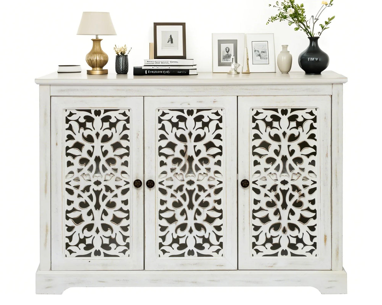 LKTART 44" Sideboard Buffet Cabinet, Farmhouse Accent Storage with 3 Hollow Carved Doors for Living/Dining Room,Kitchen Antique White LKTART