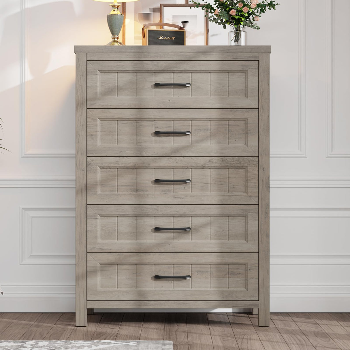 Jocoevol 5 Drawer Dresser for Bedroom, Farmhouse Dresser with Deep Drawers, Tall Grey Dresser Wooden Dresser Chest of Drawers for Living Room, Hallway, Entryway (Grey, 5 Drawer) Jocoevol
