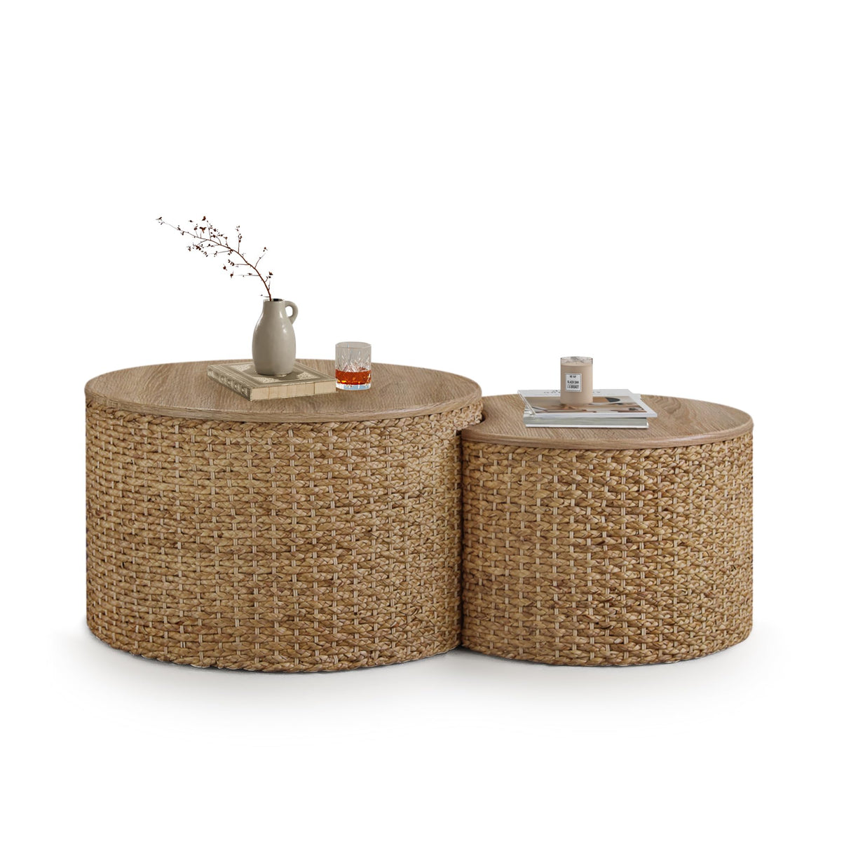 Giofanzo Nesting Coffee Table Set of 2, Coastal Coffee Table with Storage, Woven Coffee Table with Soild Wood Cover, Wicker Coffee Table with Cushion Base Giofanzo
