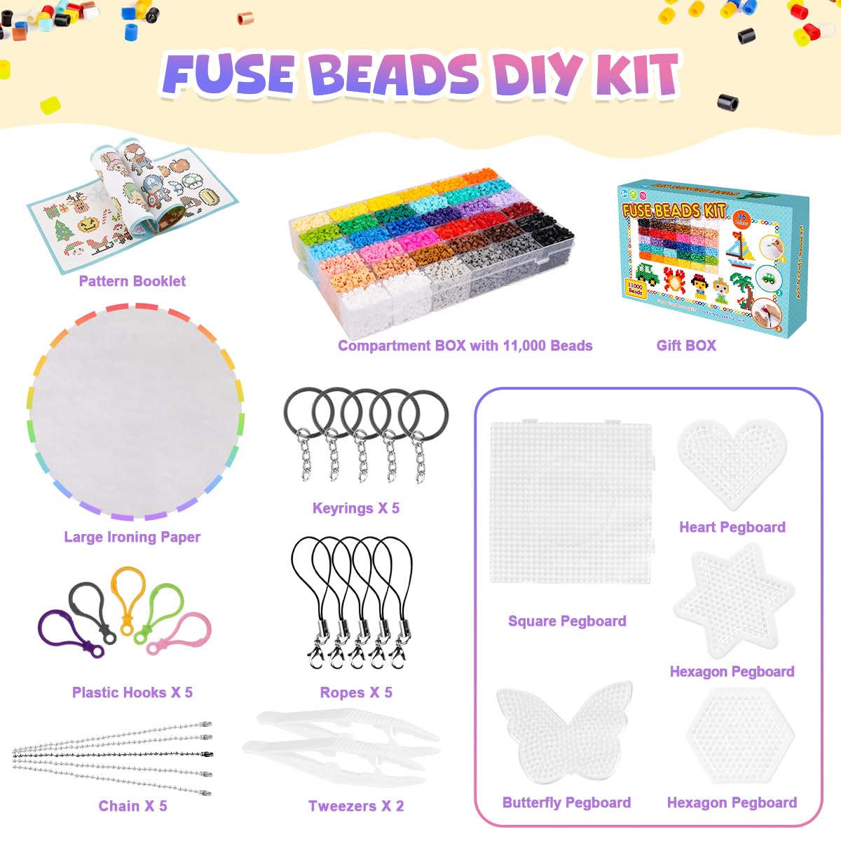 Meland Fuse Beads Kit - 11,000 pcs 36 Color Beads for Craft for Girls Age 5-12 Year Old,5MM Melty Beads Set Including 5 Pegboards, Ironing Paper & Chain Accessories Iron Beads Christmas Birthday Gift Meland