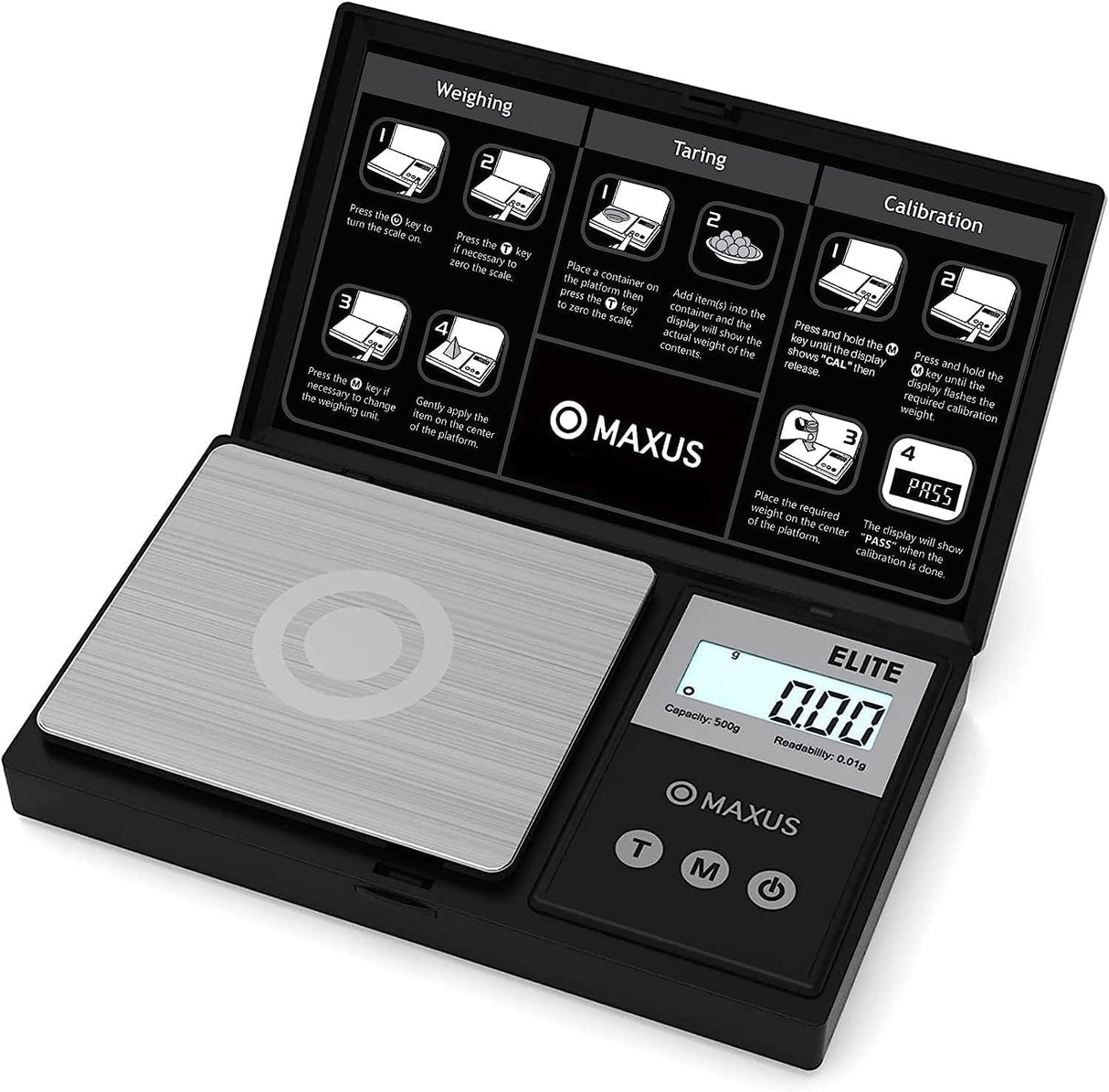 MAXUS Digital Pocket Gram Scale 500g x 0.01g High Precision with Tray, Weighs Small Food, Jewelry, Ounces, Grains, LCD Display, Tare Function MAXUS