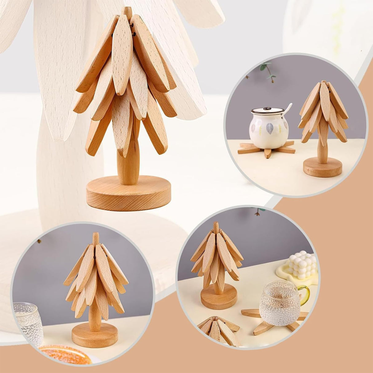 Wooden Trivets for Hot Dishes, Tree Shape Trivet Set, Foldable Kitchen Wooden Trivets, Tree Coaster for Hot Dishes、Pot、Bowl、teapot、hot Pot Holders (4 Piece-Walnut) SSFUN