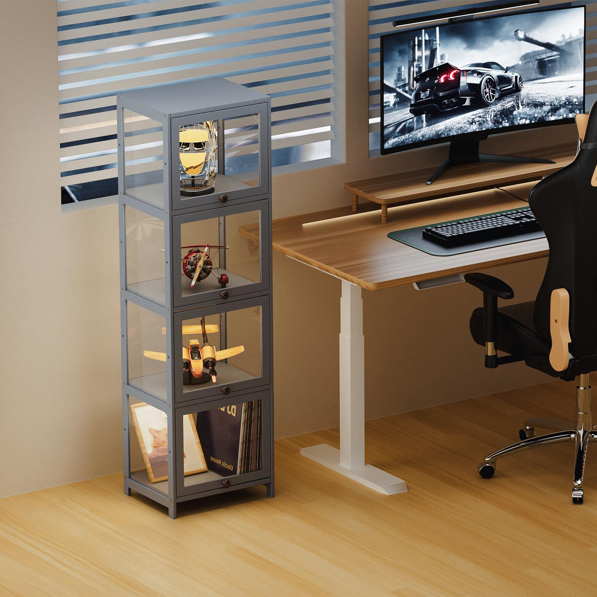 MoNiBloom 55" Tall Slim Narrow Clear Cabinet With Acrylic Door - Curio Display Case, Corner Shelves for Collection, Gray MoNiBloom