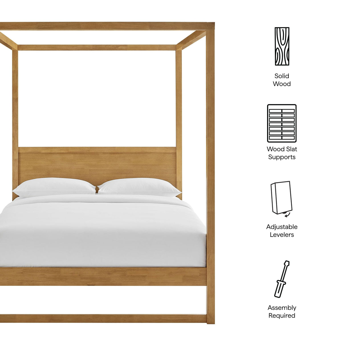 Modway Alva Queen Size 4-Post Wood Platform Canopy Bed in Oak – with with Headboard and Solid Rubberwood Frame Modway