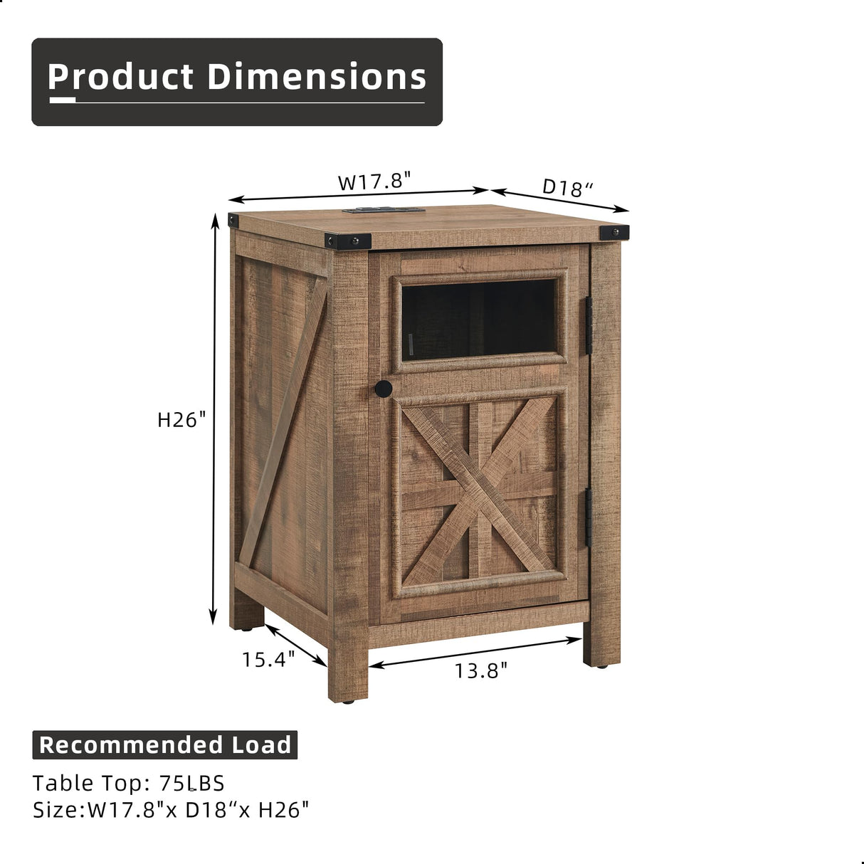 JXQTLINGMU Farmhouse End Table with Charging Station, 18'' Rustic Nightstand with Barn Door & Adjustable Shelf, Wooden Sofa Side Table with 3-Tier Storage for Living Room, Bedroom, Light Brown JXQTLINGMU