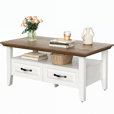 Marsail Farmhouse Coffee Table with Storage, 39.4" Wood Coffee Table for Living Room, Rustic Center Table with 2 Drawers, Open Display Area, Brown&White