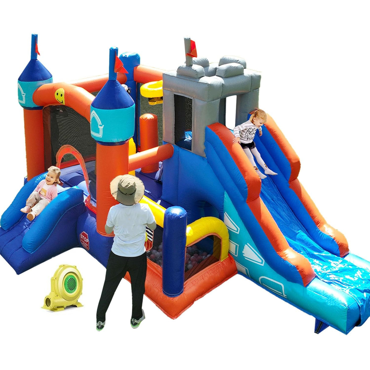 16FT Commercial Bounce House for Kids 5-12 Large with 1100W Blower,100% PVC Kids Inflatable Bounce House with 2 Slides, Ball Pit, Large Jumping Area Obstacle Course Bounce House 16x12x10ft Inflantteble