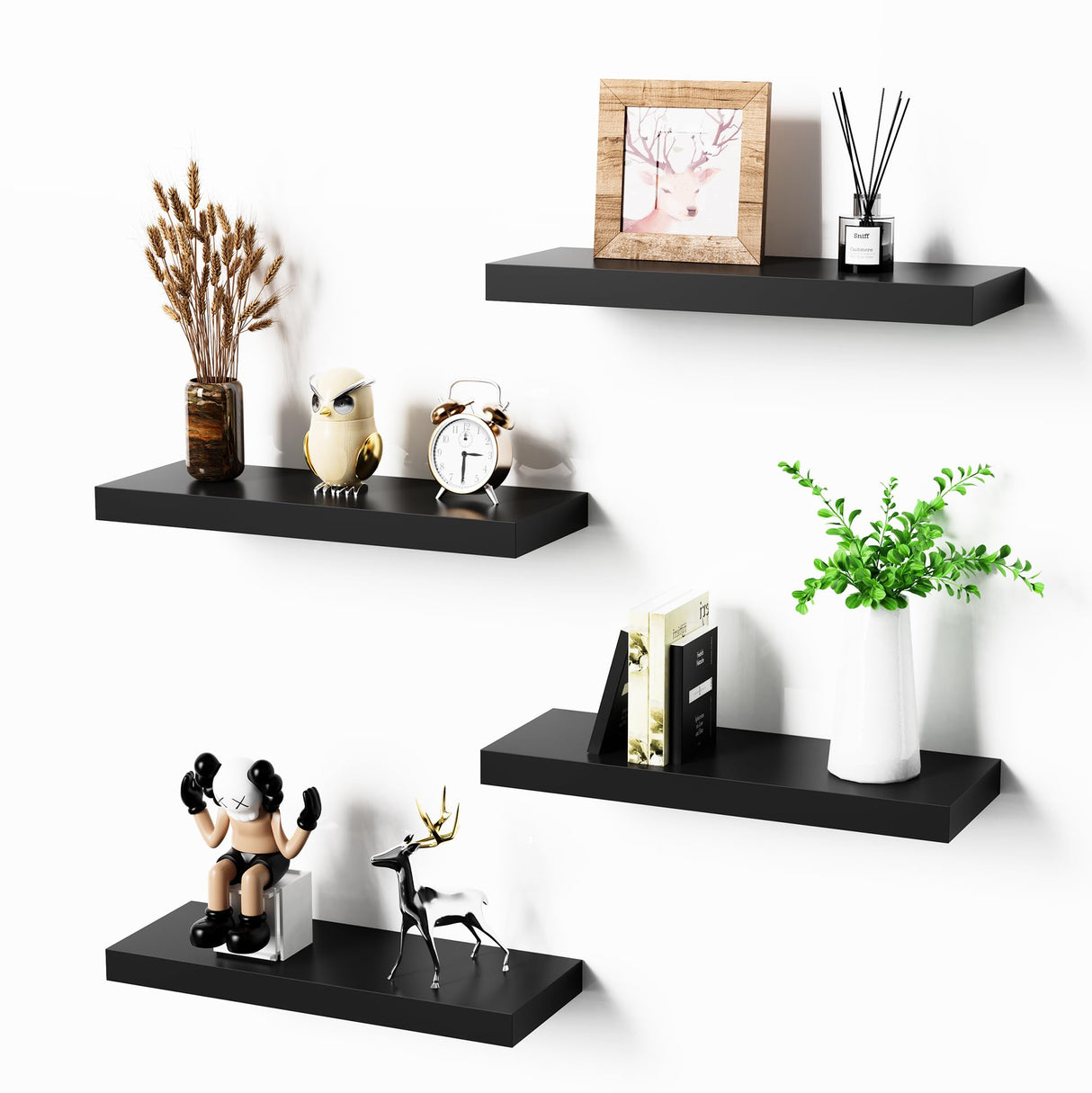 Bellsal Floating Shelves for Wall, Black Engineered Wood Wall Shelf Set of 4, 16" Wall Mounted Floating Shelf for Kitchen, Living Room, Bedroom, Bathroom Storage, Book Shelf for Home Decor Bellsal