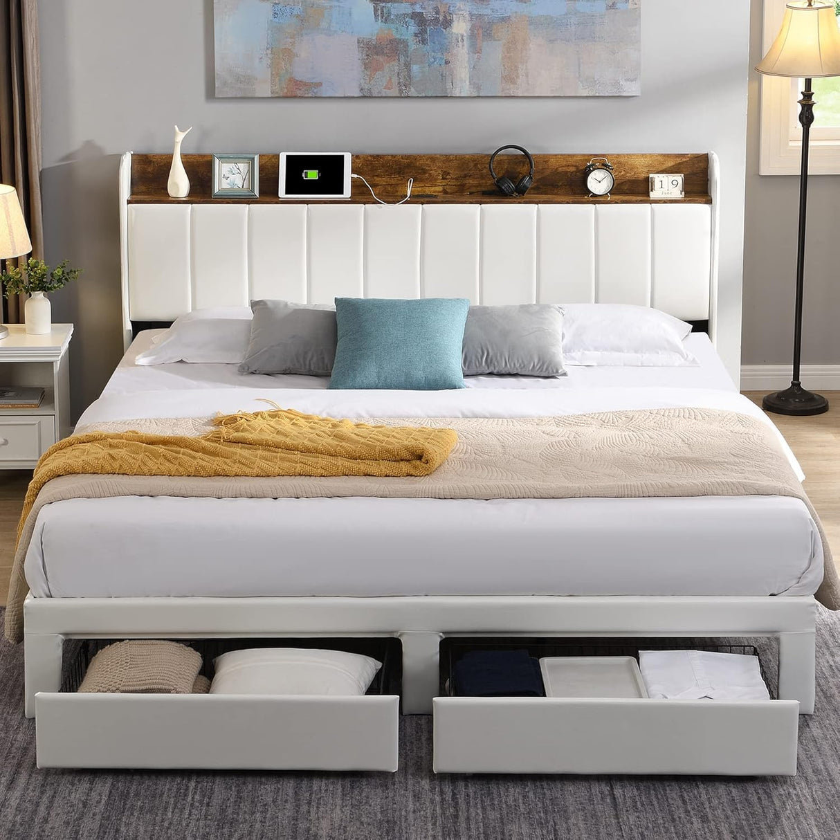 XKLOGER Queen Bed Frame with Headboard & Charging Station, Upholstered Platform Bed Frame with 2 Storage Drawers, Sturdy Wooden Slats Support/No Box Spring Needed/Noise Free/Easy Assembly/White XKLOGER