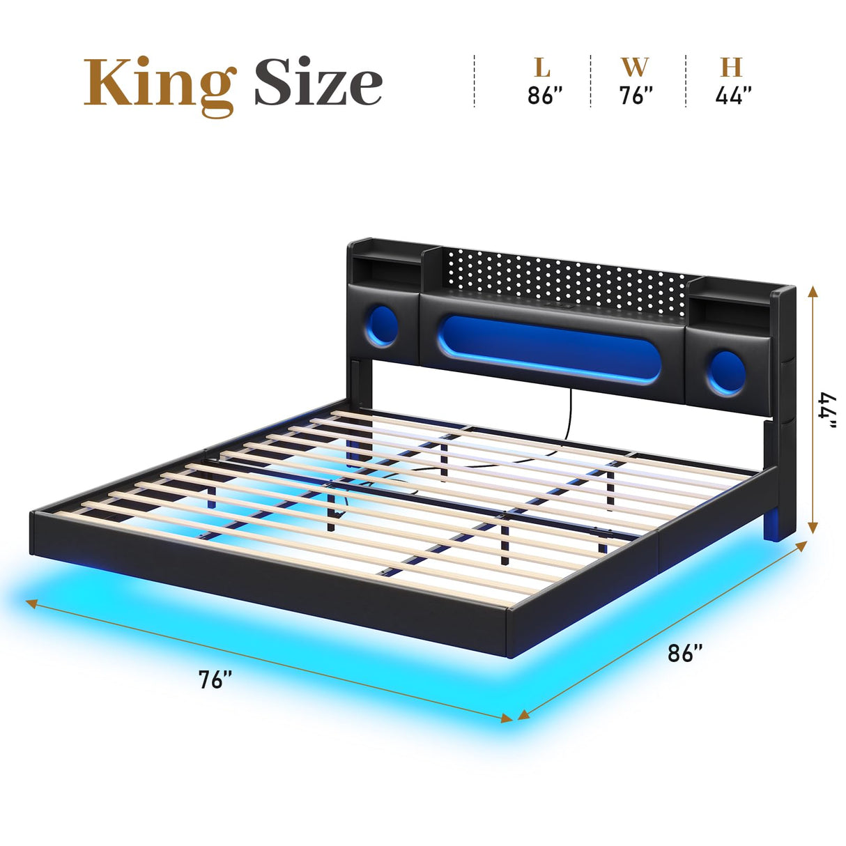 BYSAUD King Size Bed Frame,Floating Bed Frame with Storage Headboard & LED Light,Floating bed Frame King with Charging Station,King Bed with Bookcase Headboard,No Box Spring Needed,Noise-Free PU Black BYSAUD