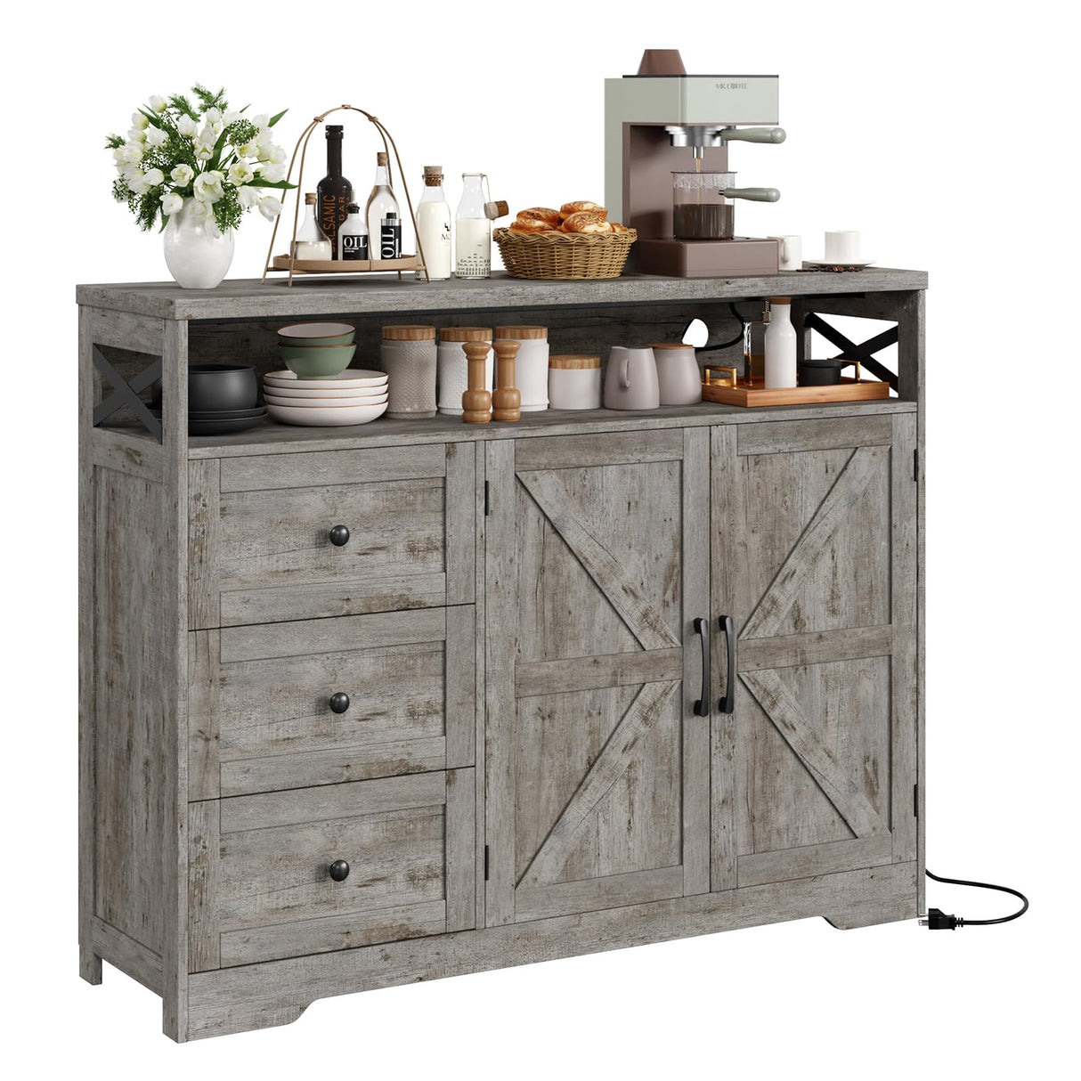 Vabches 47''W Farmhouse Buffet Sideboard with Charging Station and 3 Drawers, Coffee Bar Cabinet Buffet Cabinet with Shelf, Rustic Accent Cabinet with Storage for Kitchen, Dining Room, Washed Gray Vabches