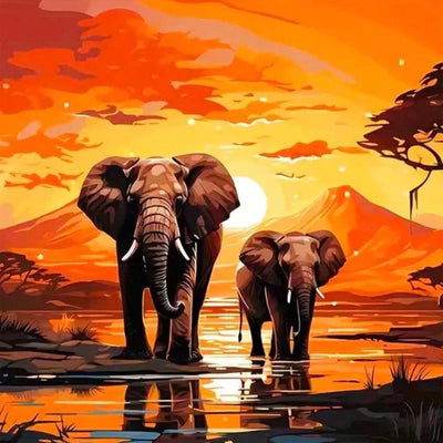 YQFCZDQ Elephant Diamond Art Kits for Adults,Sunset Landscape 5D Diamond Painting Kits for Adults Beginners,Animal DIY Full Round Drill Diamond Dots Gem Art Kits for Adult,Home Wall Decor 13.8x13.8 in