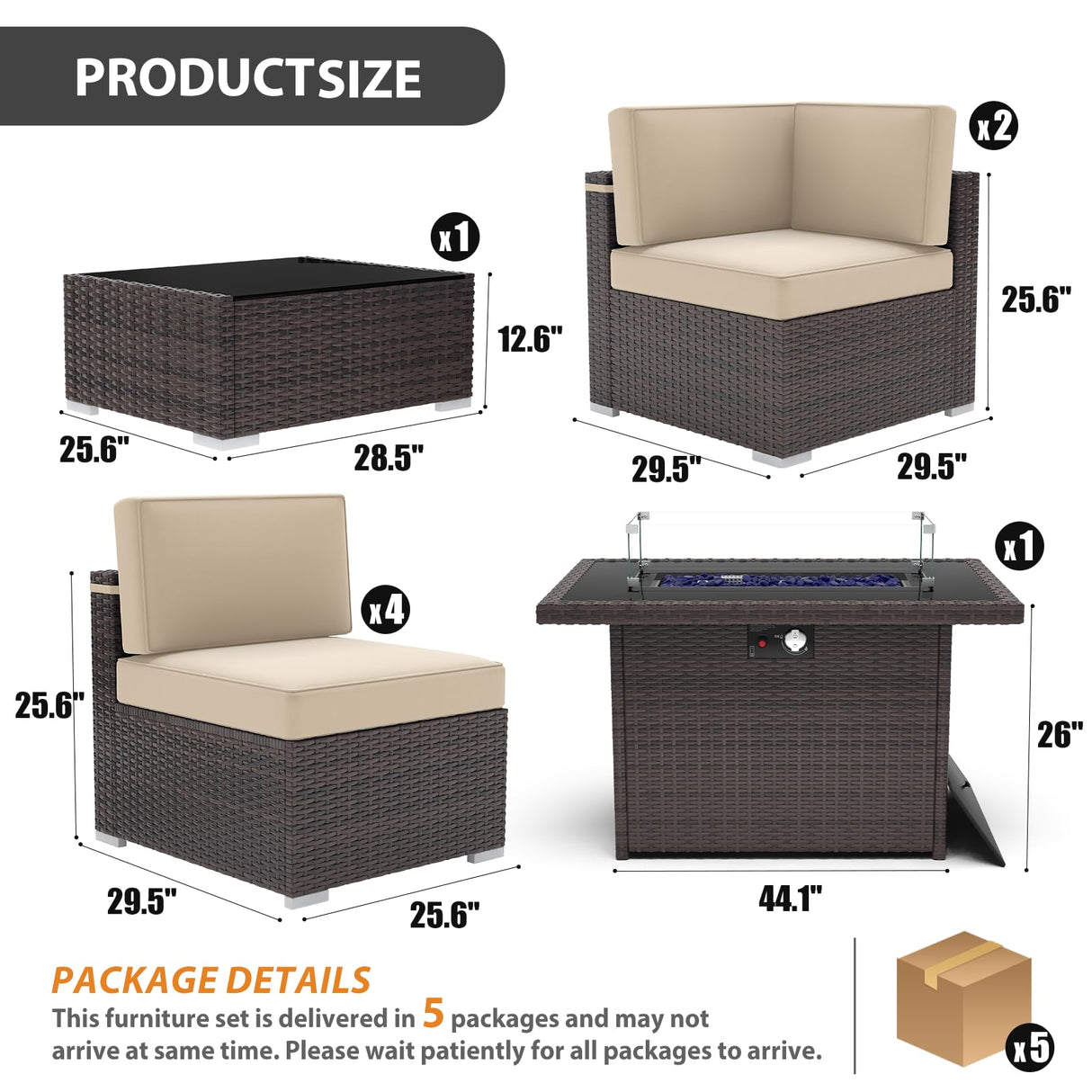 Vakollia 8 Pieces Patio Furniture Set with 44" Propane Gas Fire Pit Table, Outdoor Sectional Brown Rattan Wicker Conversation Sofa Sets with Coffee Table Vakollia