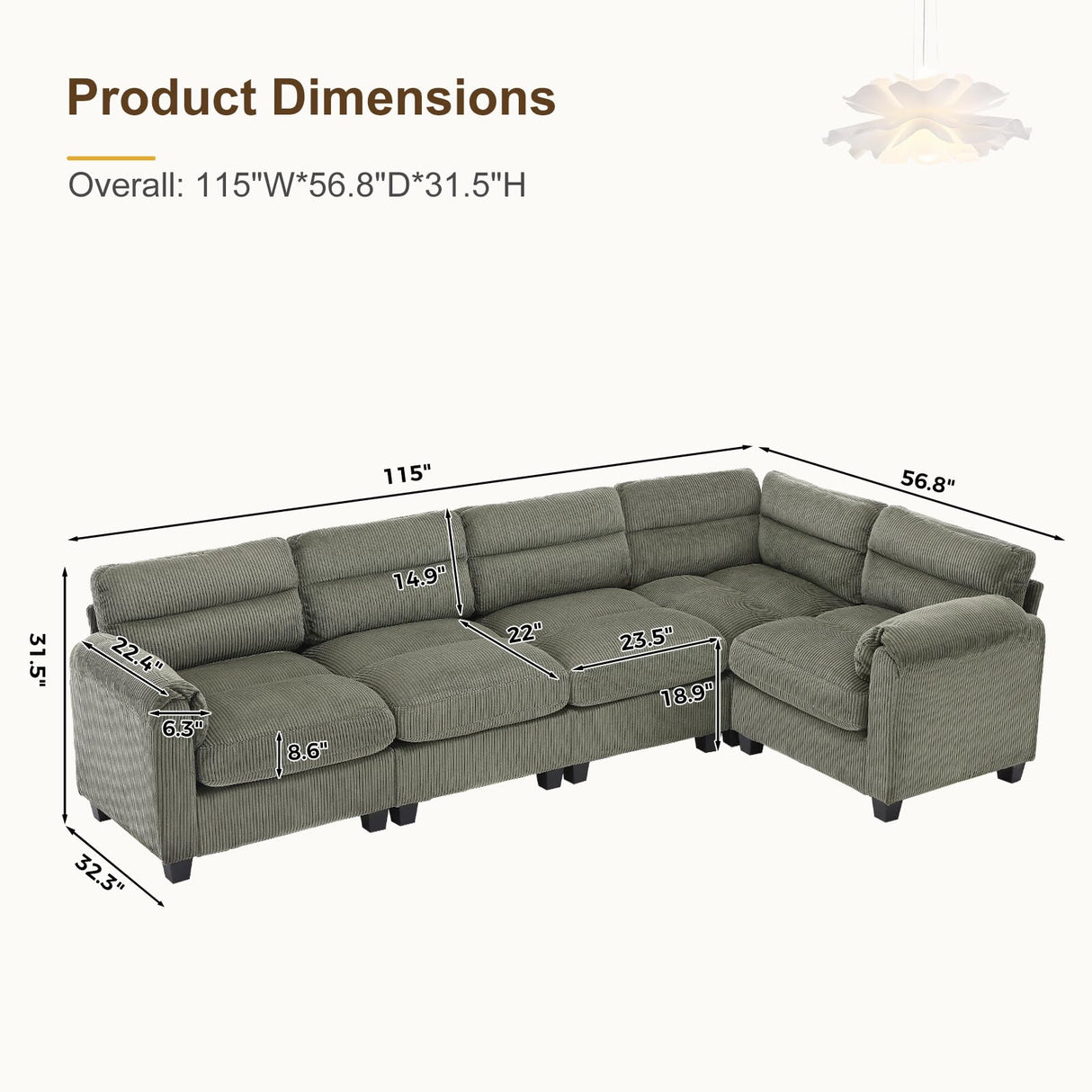 HAOMARKETS 115” Modular Sectional L Shaped Corner Sofa, Corduroy 5-Seater Couches with Thick Cushion for Living Room, Green HAOMARKETS