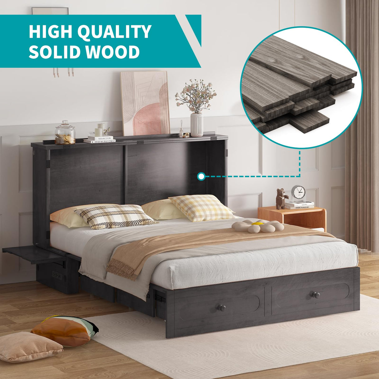 BALUS Murphy Cabinet Bed, Queen Size Cabinet Chest Bed with USB Charging Station, Tri-Fold Mattress, 2 Storage Drawers Modern Convertible Wooden Wall Beds for Apartment Bedroom - Dark Grey BALUS