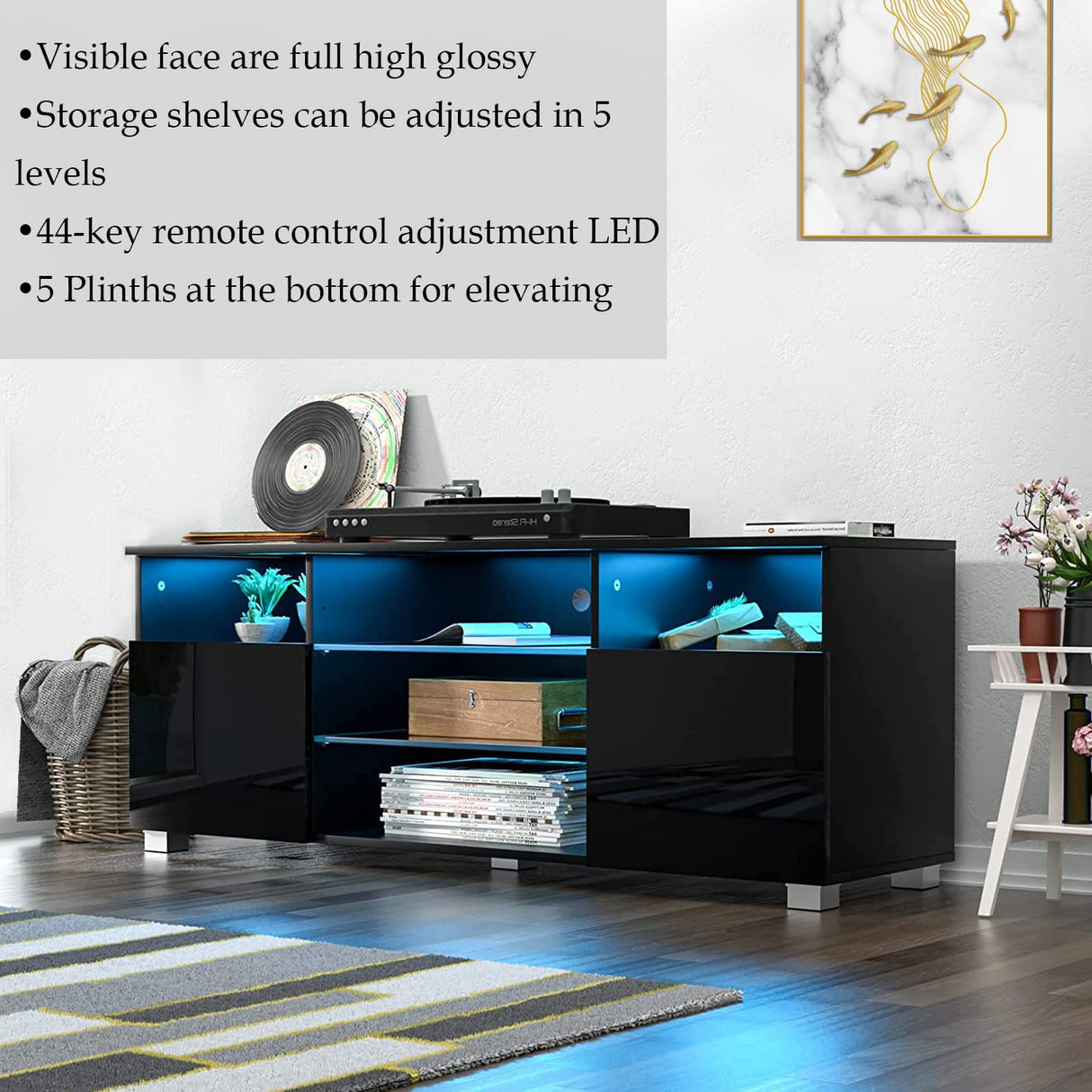High Glossy LED Black TV Stand for 55/60/65 inch TV,Modern LED Entertainment Center with Adjustable Storage Shelves,Game Console Entertainment Center,TV Table Media Furniture (47inch, Black) Vinctik 6&Fox