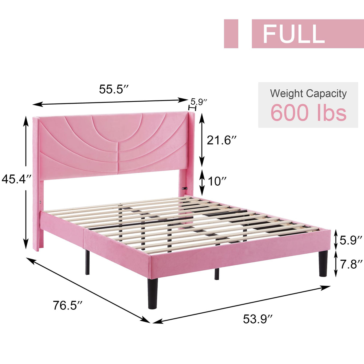VECELO Full Size Upholstered Platform Bed Frame with Fabric Headboard,Wooden Slats Support/No Box Spring Needed/Mattress Foundation,Pink VECELO