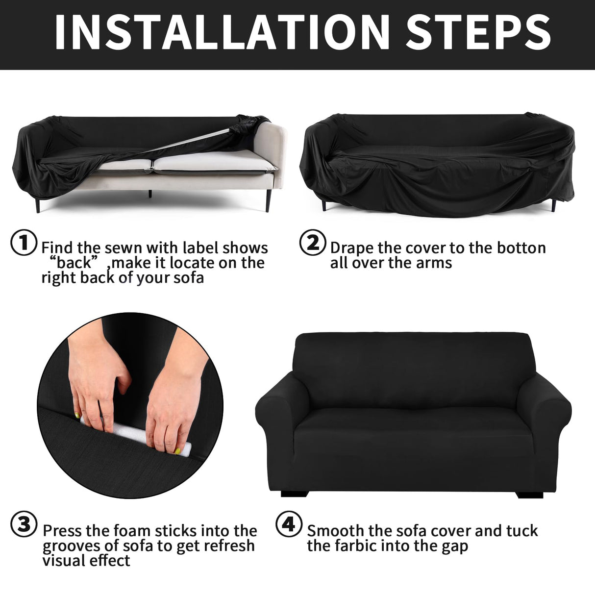 Peryiter 3 Pcs Slipcover Set for Couch Furniture Covers for Sofa Loveseat Couch Arm Chair, Form Fit Stretch, Wrinkle Free, Furniture Protector(Black,Milk Silk Spandex) Peryiter