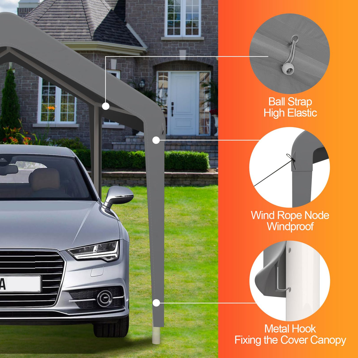 Carport Canopy 12'x20' Replacement Cover, Heavy Duty Garage Shelter Cover 800D Oxford Waterproof & UV Protected Tarp with Ball Bungees, Not Include Frame, Gray KAHLHAK