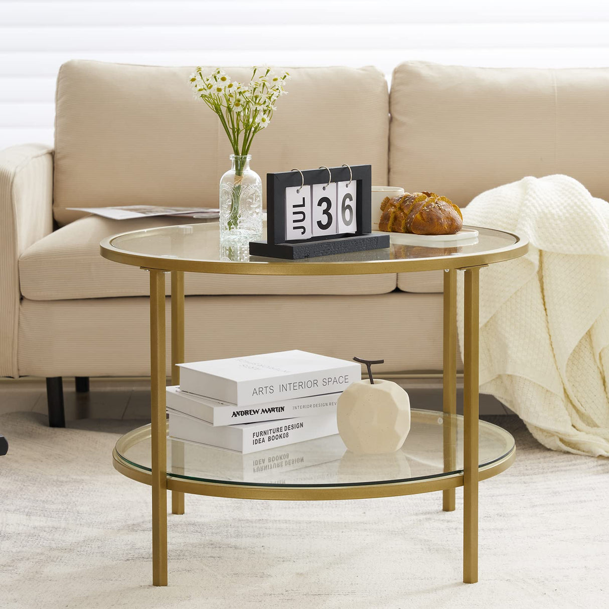 VINGLI Glass Coffee Table, 25.6" Round Champagne Gold Coffee Tables for Living Room, 2-Tier Glass Top Coffee Table with Storage Clear Coffee Table, Simple & Modern Center Table for Small Space VINGLI