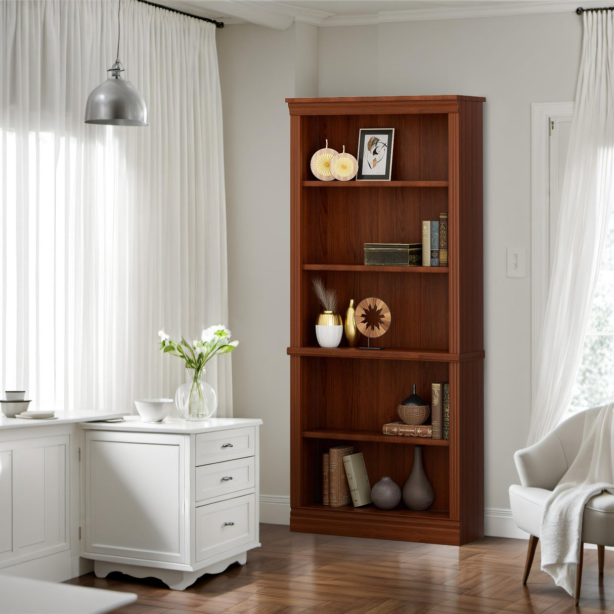 Furniwell 5-Shelf Tall Cherry Bookcase – Elegant Open Display Storage for Any Room Furniwell