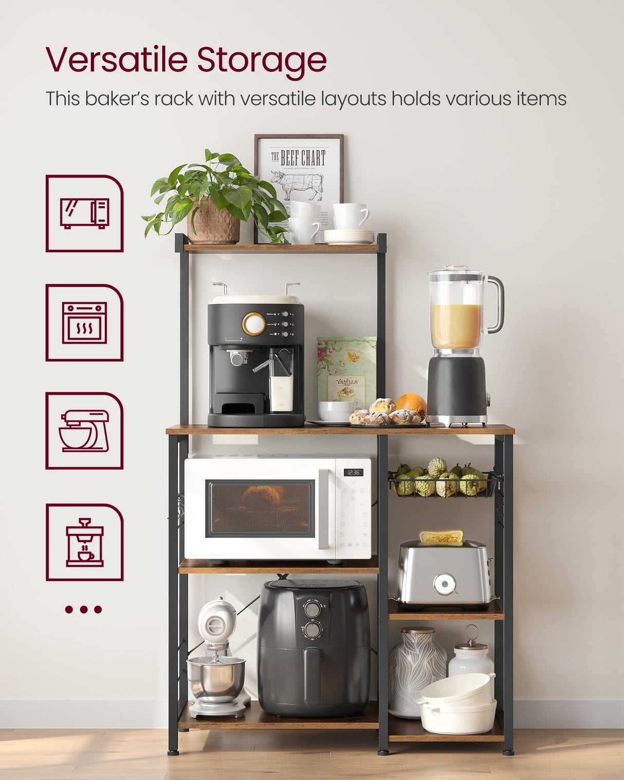 VASAGLE Rustic Brown Kitchen Storage Rack with Wire Basket and Hooks for Spices and Appliances VASAGLE