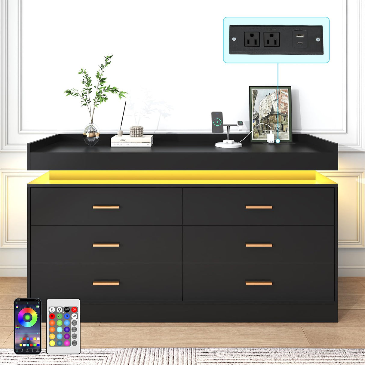 jiteentarou 6 Drawer Dresser with Charging Station and LED Lights, Modern Chest of Drawers with Power Outlet, Organizer Cabinet for, Living Room, Black jiteentarou