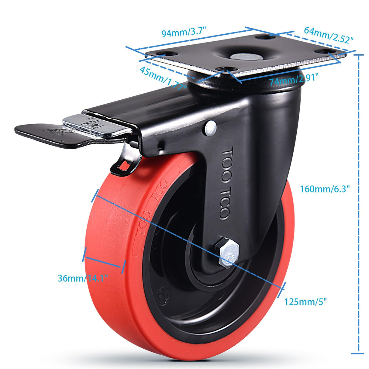 Heavy Duty TPR Rubber Wheels with Locking 5 Inch Caster Wheels Set of 4 3000Lbs Load Capacity Silent Swivel and Brake 360 Degree Casters Ideal for Industrial Carts Furniture Trolleys and Workbenches TOO TCO