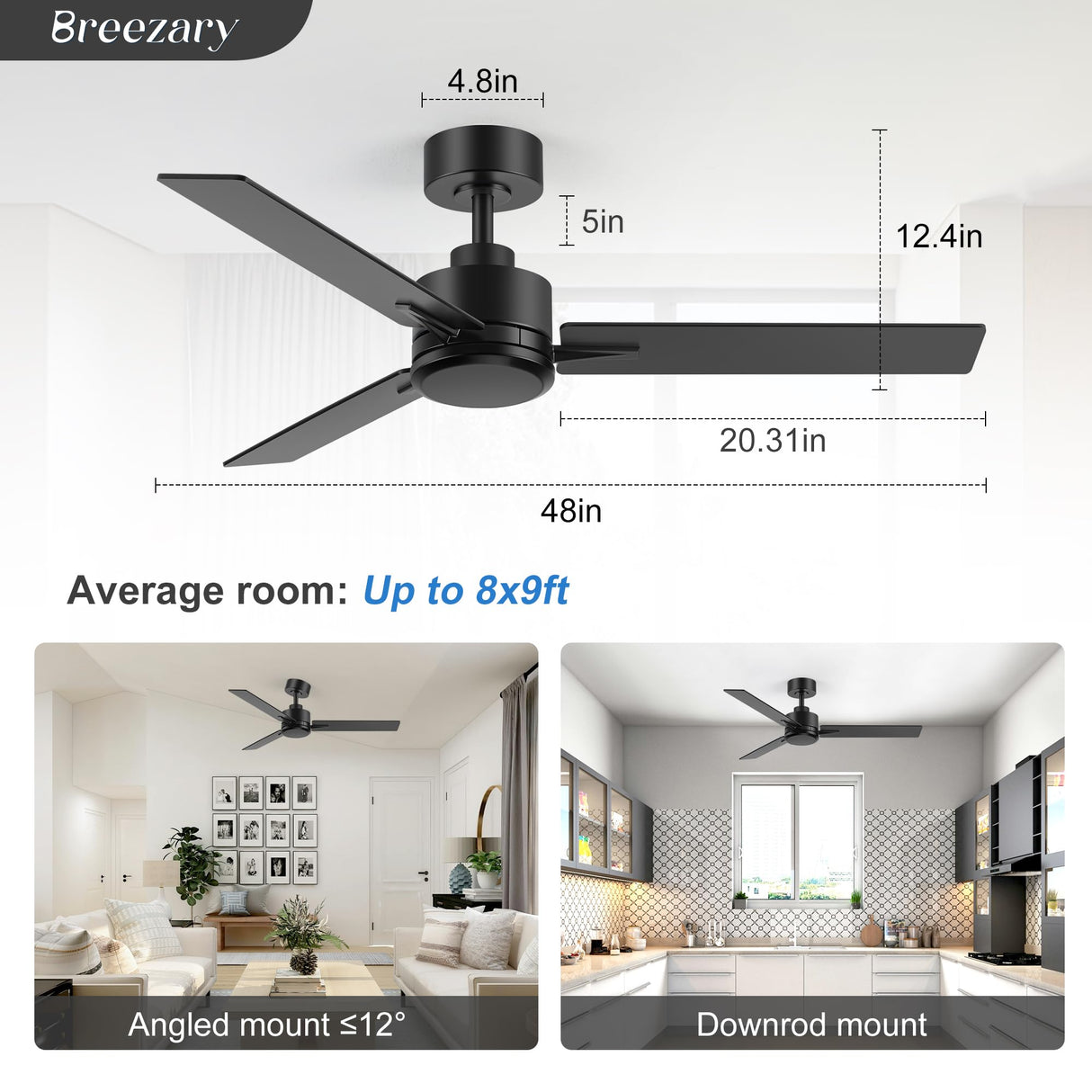 Breezary 48 inch Industrial Ceiling Fans without Lights Remote Control, 6-Speed, Reversible DC Motor, 3 Blades, Modern Indoor/Outdoor Ceiling Fan No Light for Patio Home Office, Black Breezary