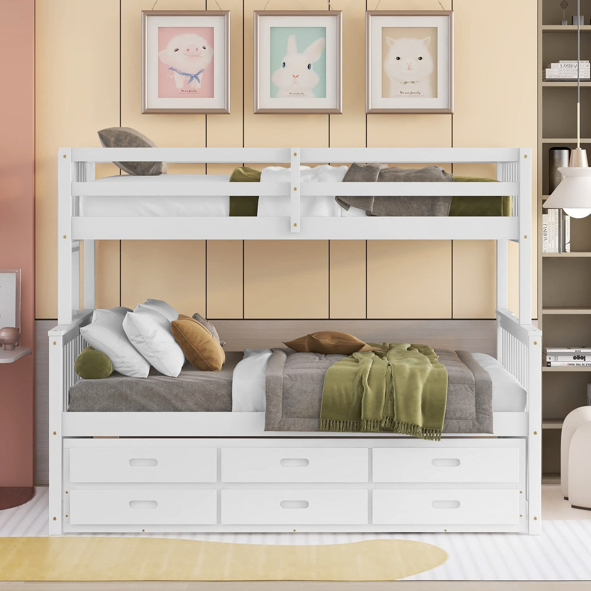 Linique Twin-Over-Full Bunk Bed with Twin Size Trundle,Can be Divided into a Captain Bed with 3 Drawers and a Single Bed for Bedroom,Guest Room(White) Linique